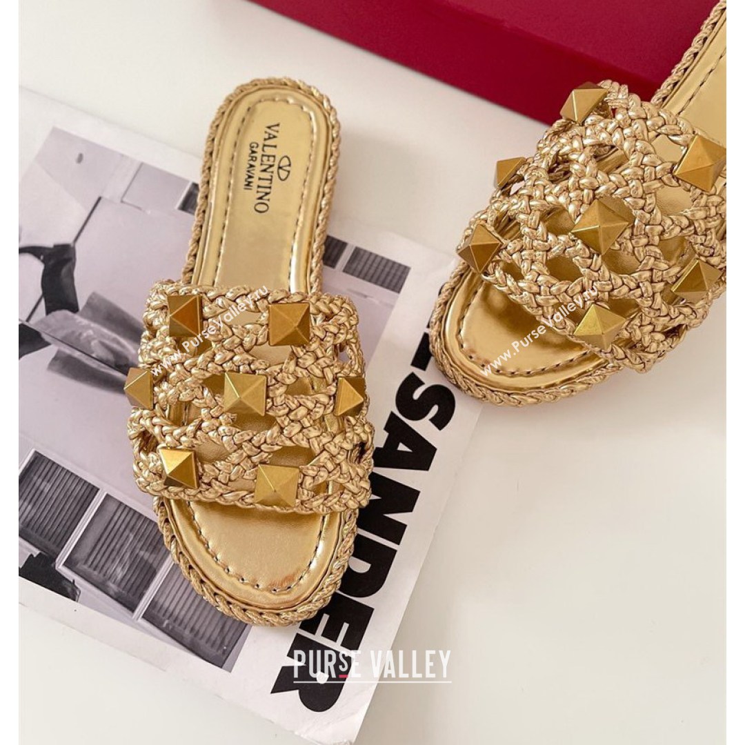 Valentino Roman Stud Flat Slide Sandals in Woven Leather Gold 2021 (MD-21081137)