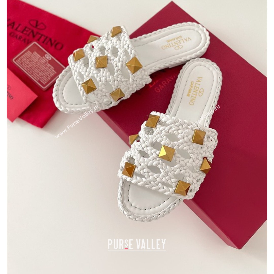 Valentino Roman Stud Flat Slide Sandals in Woven Leather White 2021 (MD-21081138)