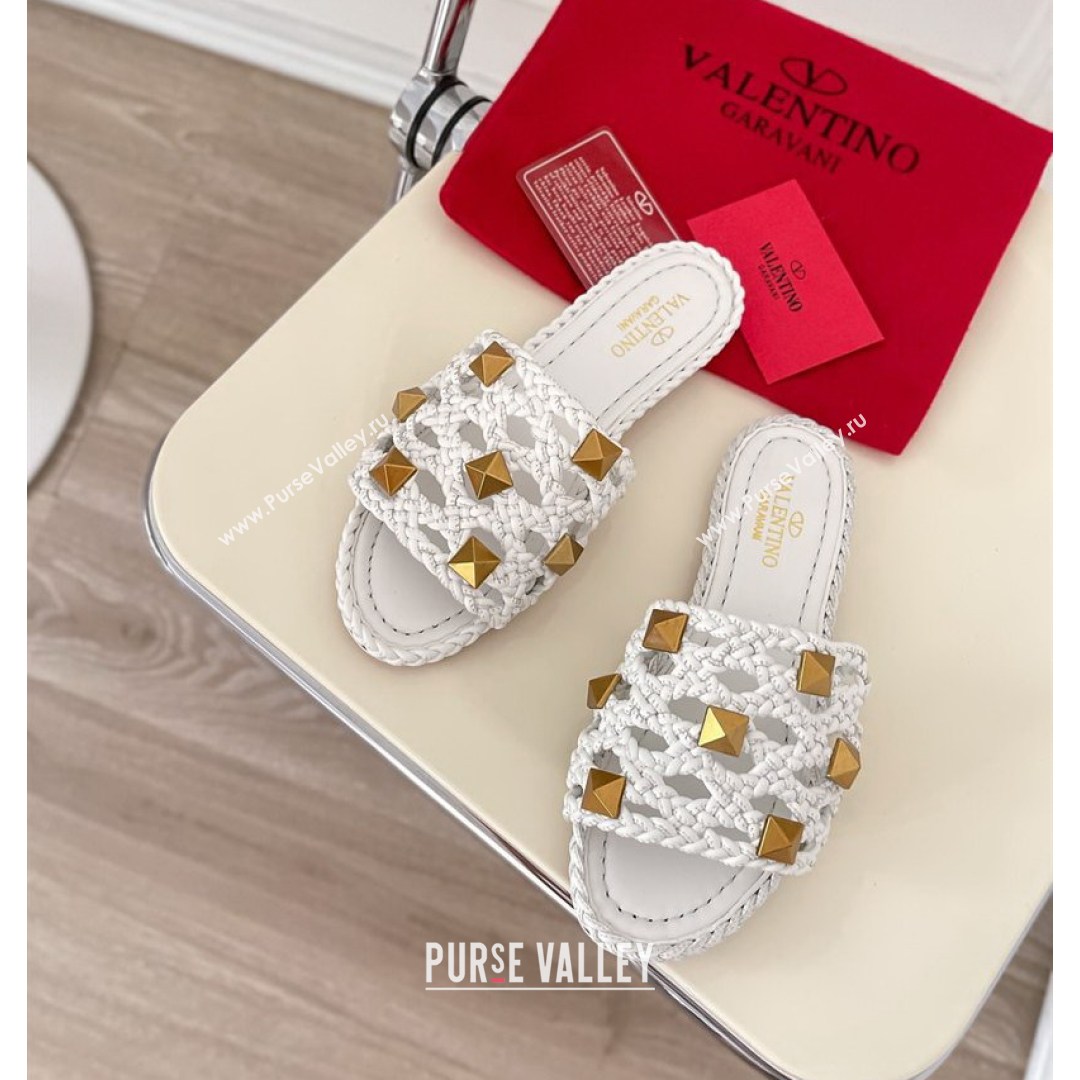 Valentino Roman Stud Flat Slide Sandals in Woven Leather White 2021 (MD-21081138)