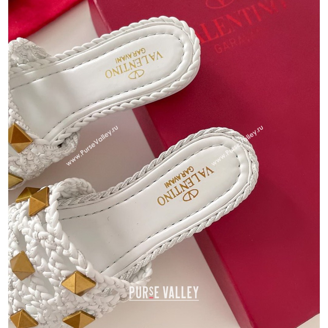 Valentino Roman Stud Flat Slide Sandals in Woven Leather White 2021 (MD-21081138)