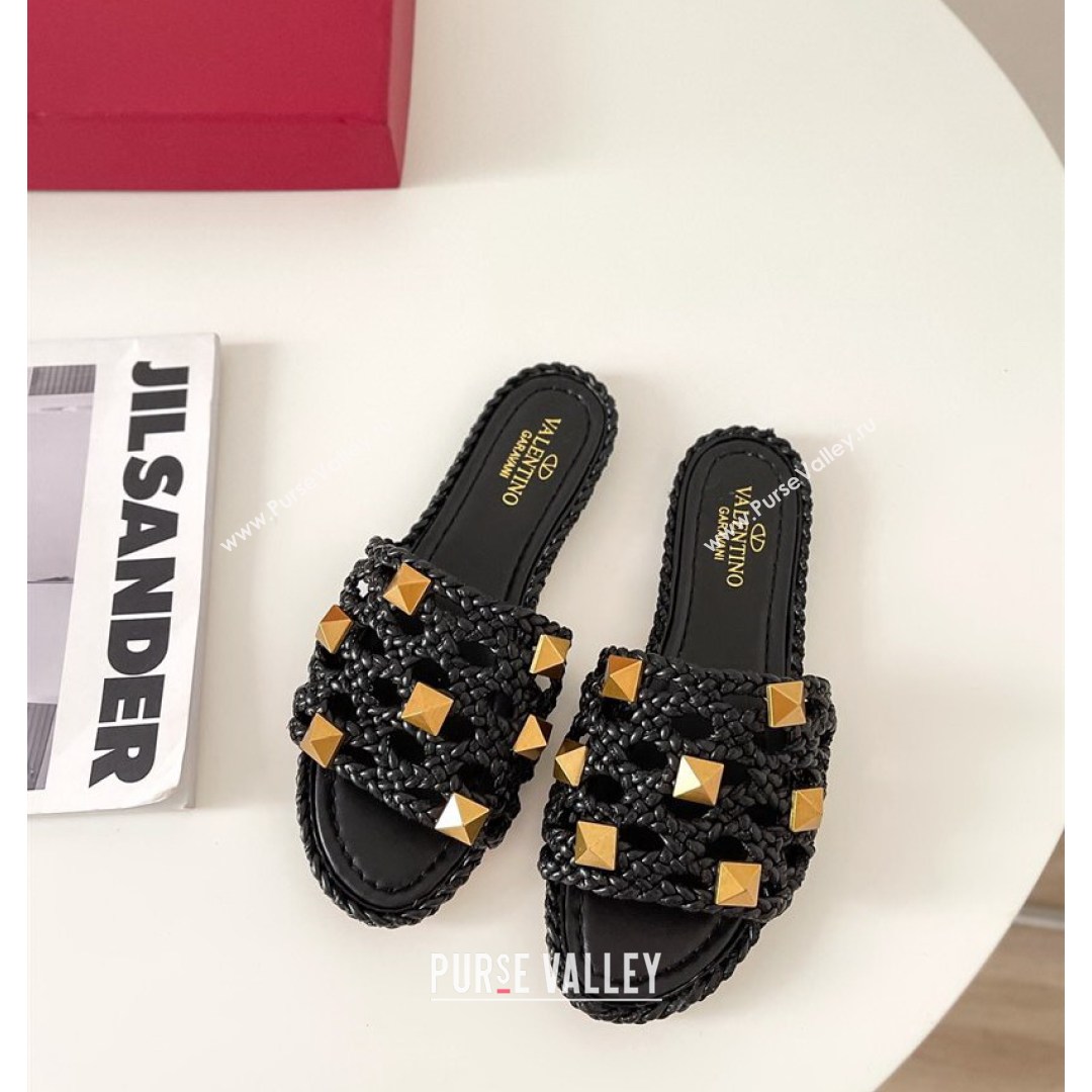 Valentino Roman Stud Flat Slide Sandals in Woven Leather Black 2021 (MD-21081139)