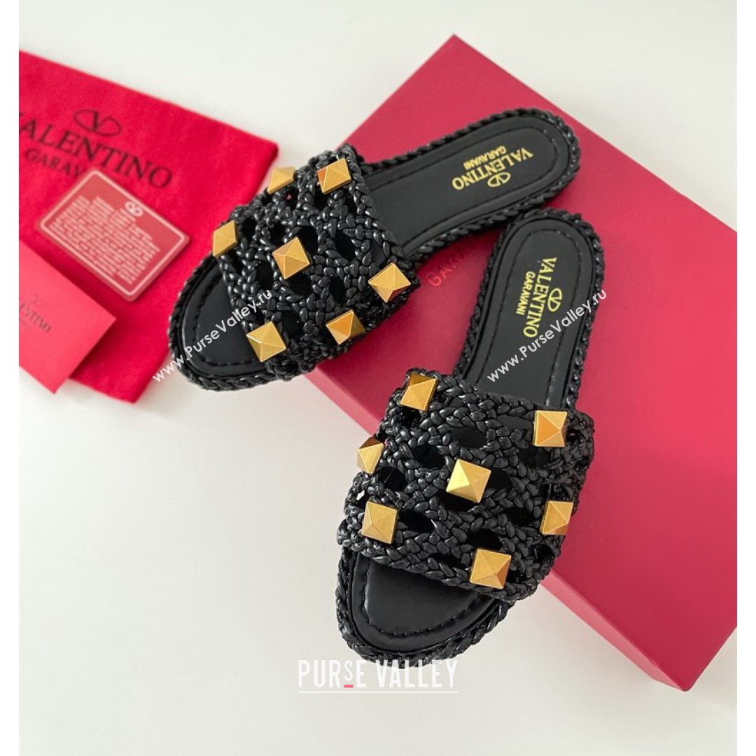 Valentino Roman Stud Flat Slide Sandals in Woven Leather Black 2021 (MD-21081139)