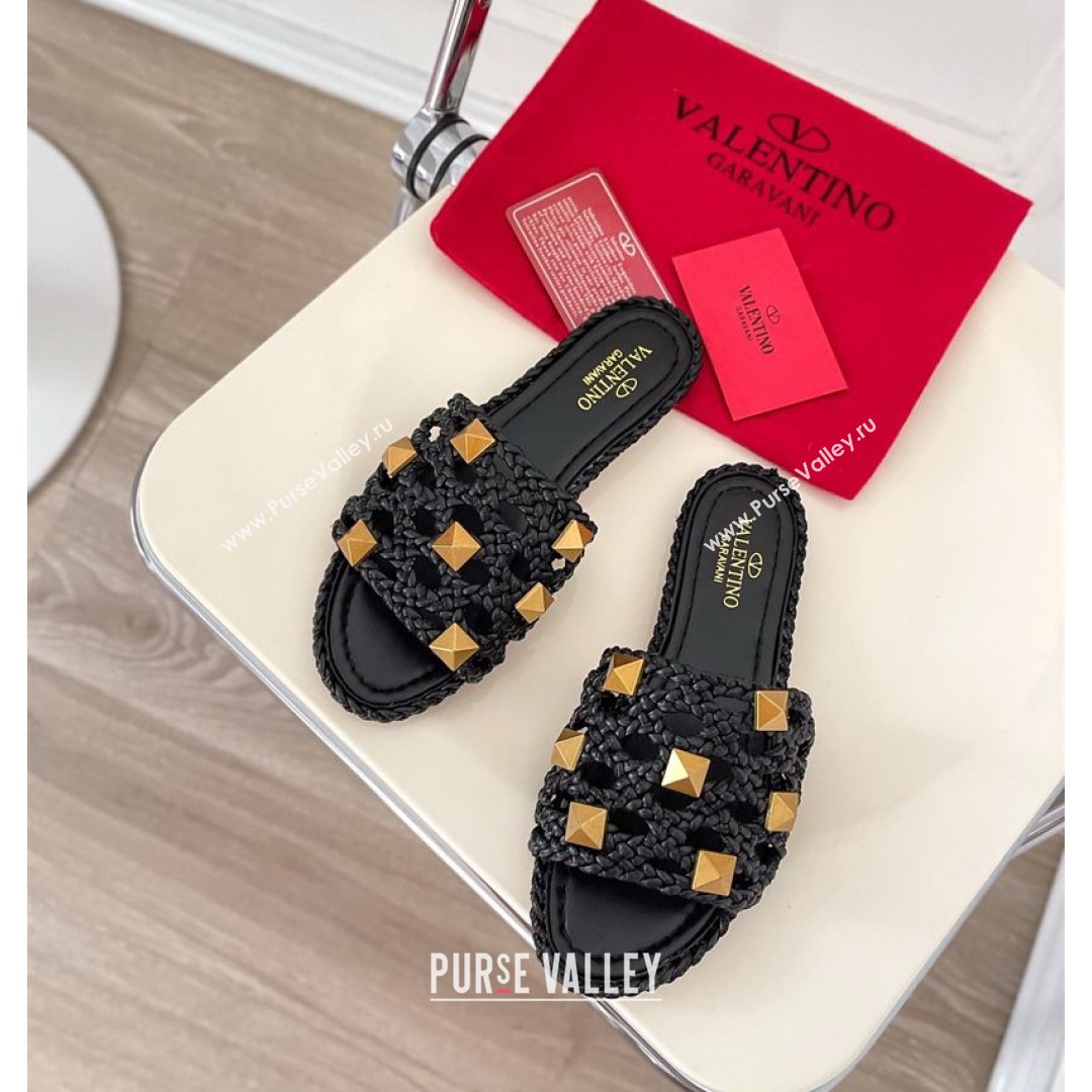 Valentino Roman Stud Flat Slide Sandals in Woven Leather Black 2021 (MD-21081139)