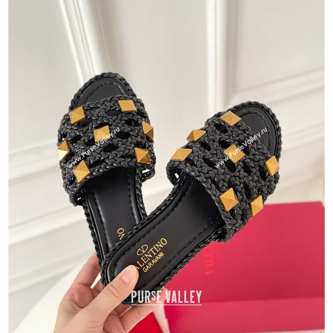 Valentino Roman Stud Flat Slide Sandals in Woven Leather Black 2021 (MD-21081139)