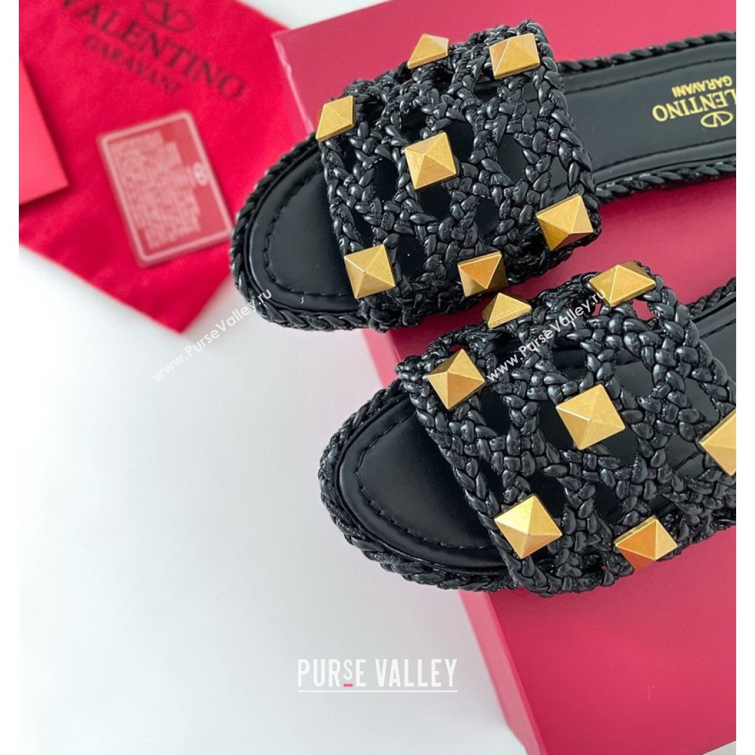 Valentino Roman Stud Flat Slide Sandals in Woven Leather Black 2021 (MD-21081139)