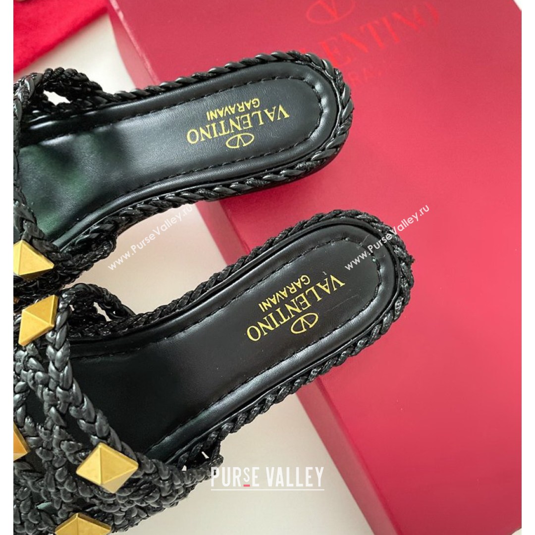 Valentino Roman Stud Flat Slide Sandals in Woven Leather Black 2021 (MD-21081139)