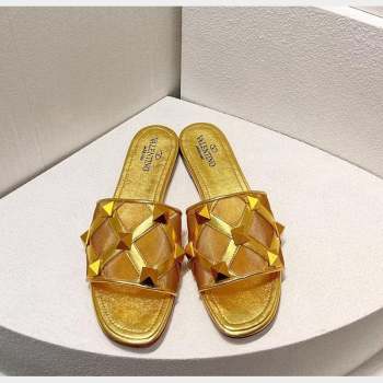 Valentino Roman Stud Flat Slide Sandals in Leather-Quilted Mesh Gold 2 2023 VT102703 (MD-231027067)