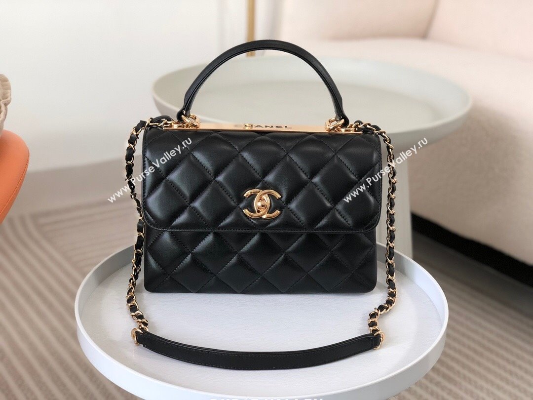 Chanel Trendy CC Quilted Lambskin Flap Bag with Top handle and Metal-Tone Band A92236 Black 03 2024 (SM-24072224)