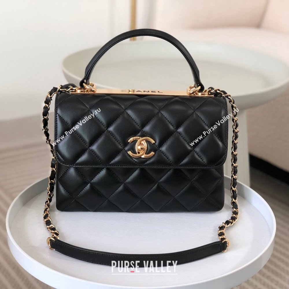 Chanel Trendy CC Quilted Lambskin Flap Bag with Top handle and Metal-Tone Band A92236 Black 03 2024 (SM-24072224)