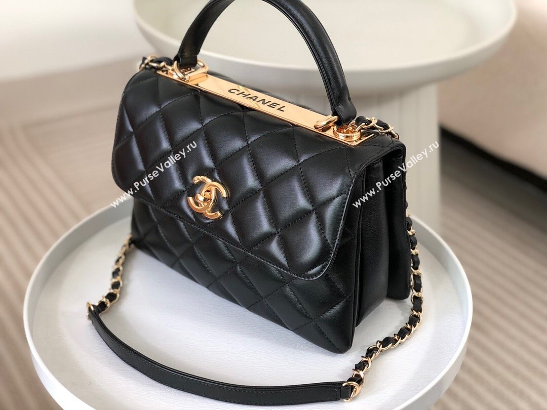 Chanel Trendy CC Quilted Lambskin Flap Bag with Top handle and Metal-Tone Band A92236 Black 03 2024 (SM-24072224)