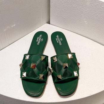 Valentino Roman Stud Flat Slide Sandals in Leather-Quilted Mesh Dark Green 2023 VT102703 (MD-231027068)