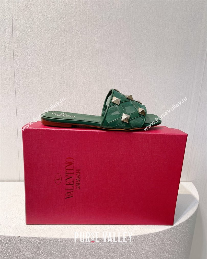 Valentino Roman Stud Flat Slide Sandals in Leather-Quilted Mesh Dark Green 2023 VT102703 (MD-231027068)