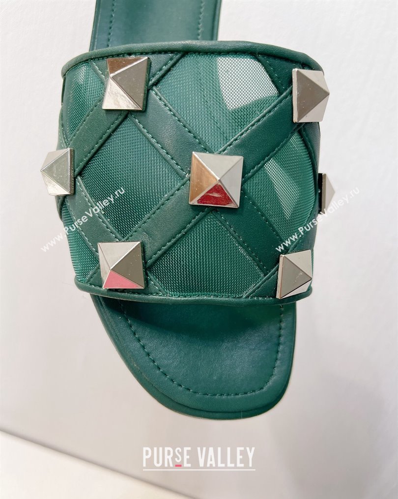 Valentino Roman Stud Flat Slide Sandals in Leather-Quilted Mesh Dark Green 2023 VT102703 (MD-231027068)