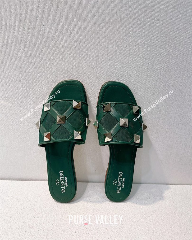 Valentino Roman Stud Flat Slide Sandals in Leather-Quilted Mesh Dark Green 2023 VT102703 (MD-231027068)