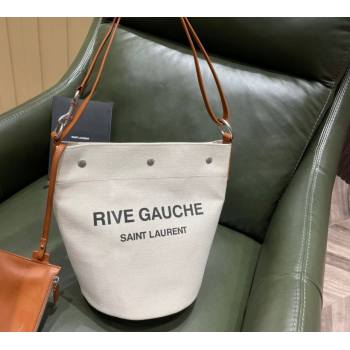Saint Laurent Rive Gauche Bucket Bag in Linen 669299 Off-White/Brown 2021 Top (JUND-210823065)