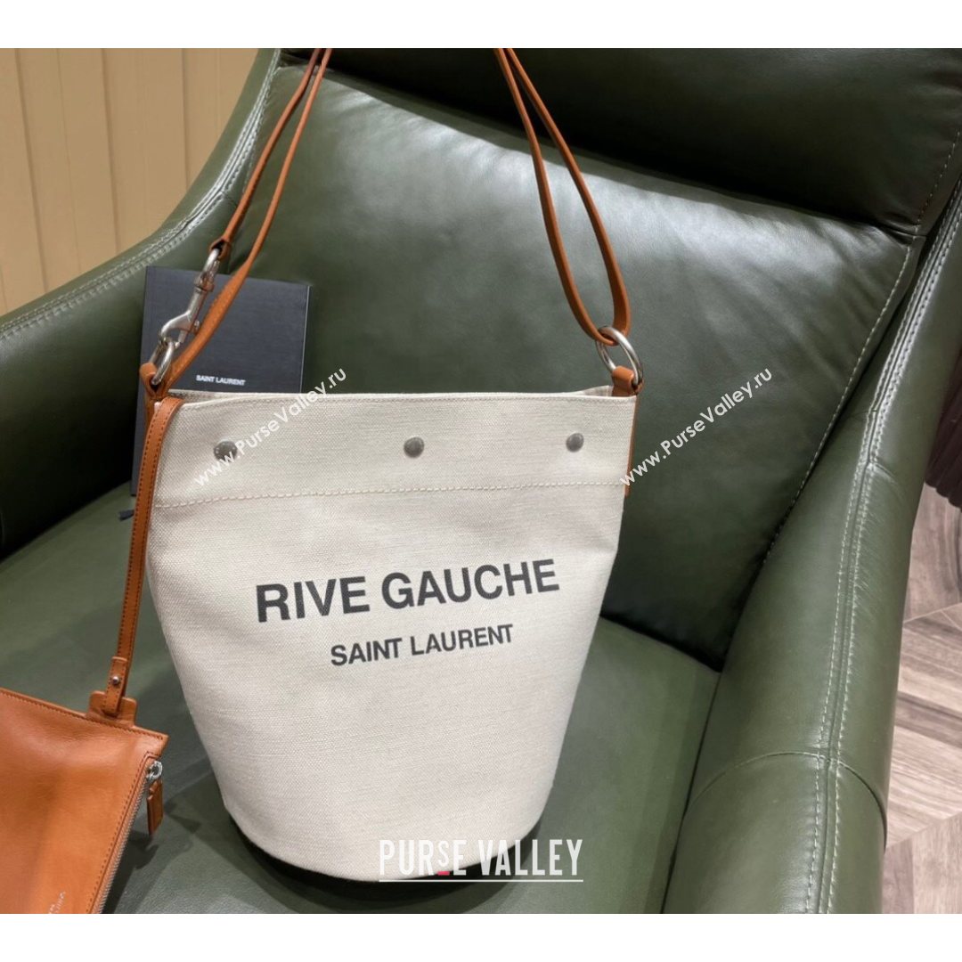 Saint Laurent Rive Gauche Bucket Bag in Linen 669299 Off-White/Brown 2021 Top (JUND-210823065)