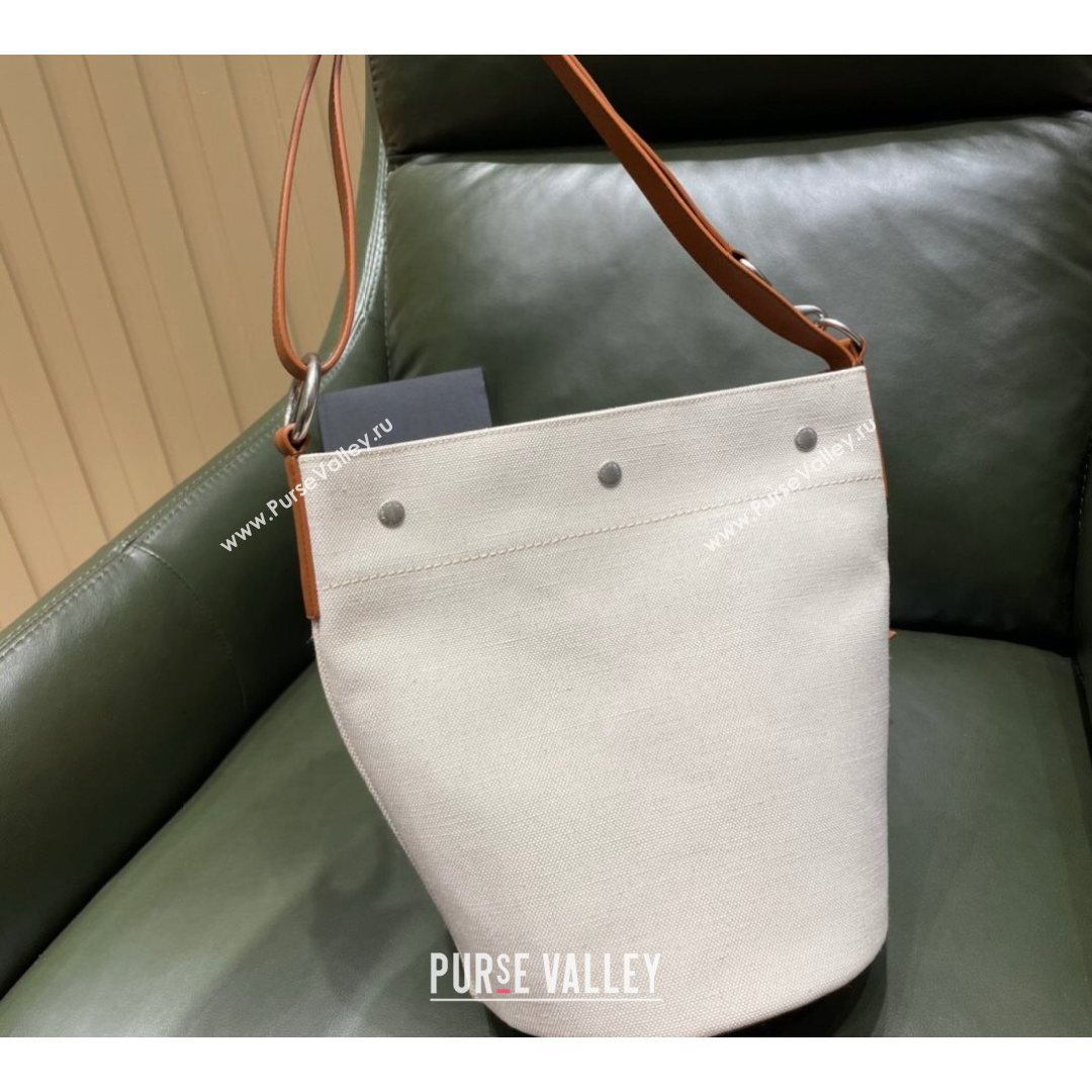 Saint Laurent Rive Gauche Bucket Bag in Linen 669299 Off-White/Brown 2021 Top (JUND-210823065)