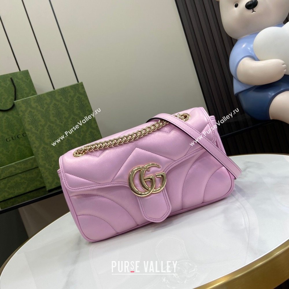 Gucci GG Marmont Small Shoulder Bag in Pink Iridescent Leather 443497 2024 (XINNGLU-24021939)