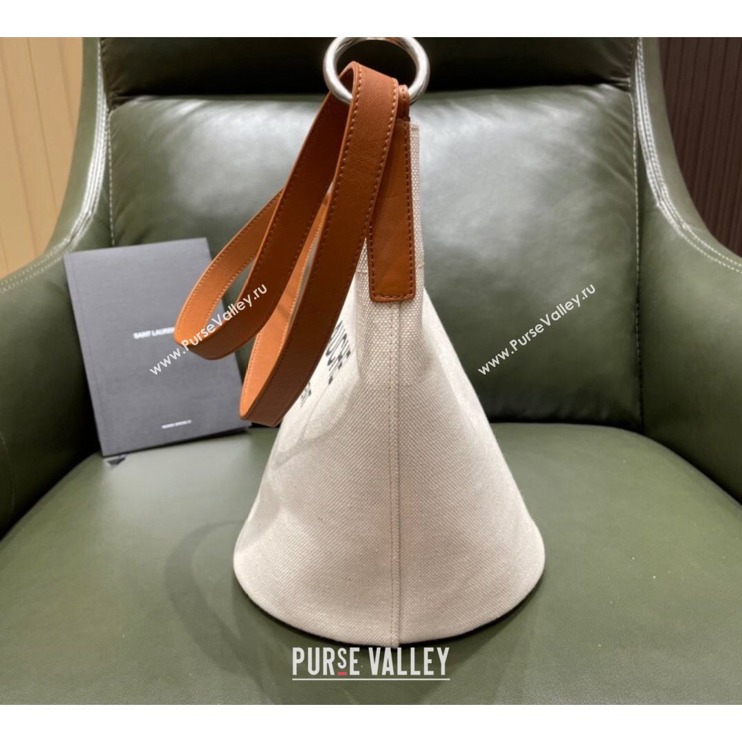 Saint Laurent Rive Gauche Bucket Bag in Linen 669299 Off-White/Brown 2021 Top (JUND-210823065)