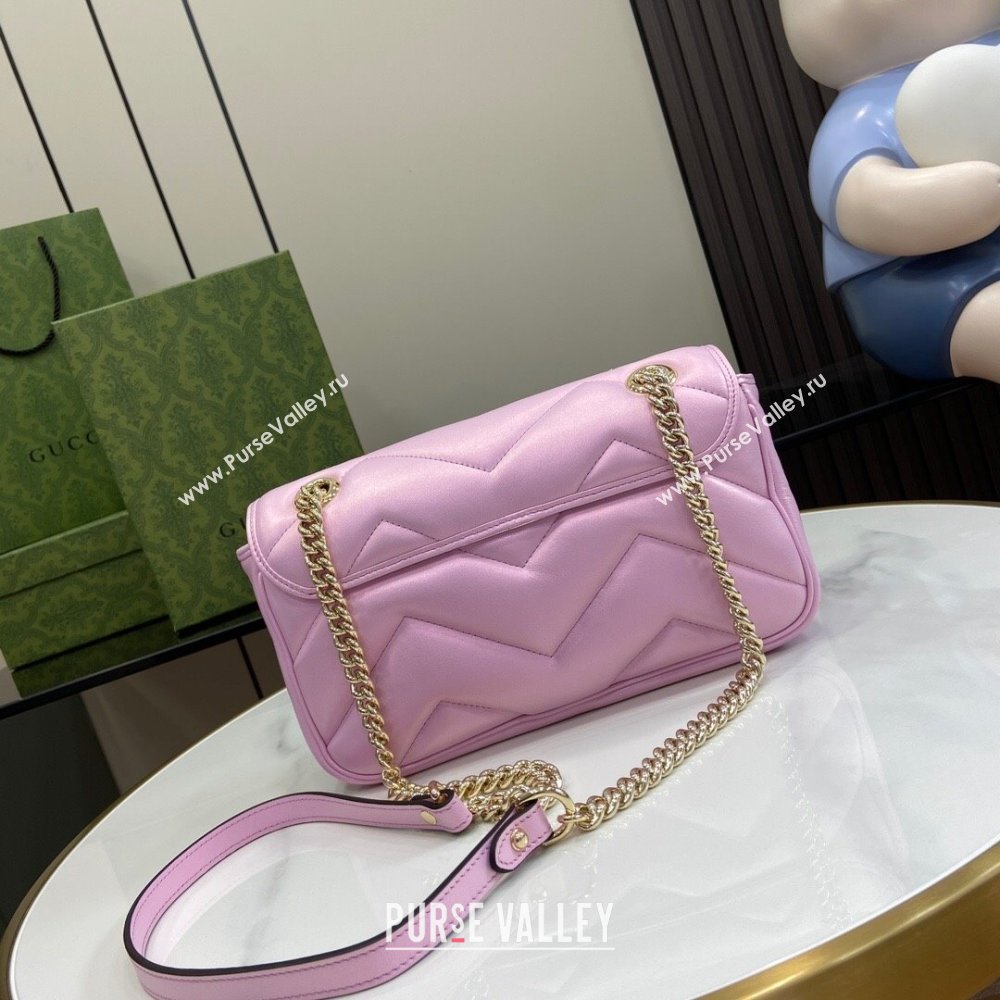 Gucci GG Marmont Small Shoulder Bag in Pink Iridescent Leather 443497 2024 (XINNGLU-24021939)