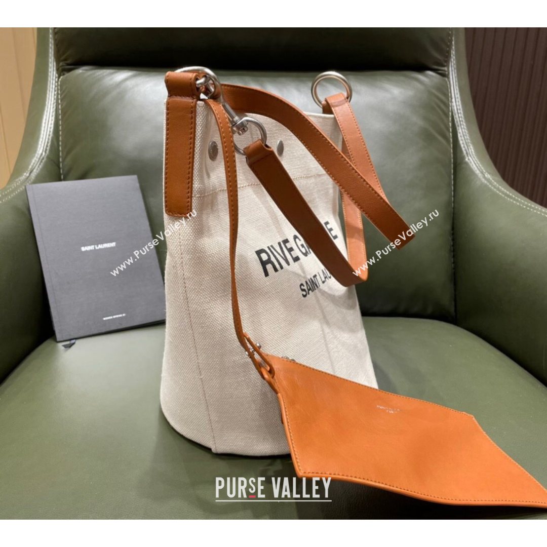 Saint Laurent Rive Gauche Bucket Bag in Linen 669299 Off-White/Brown 2021 Top (JUND-210823065)