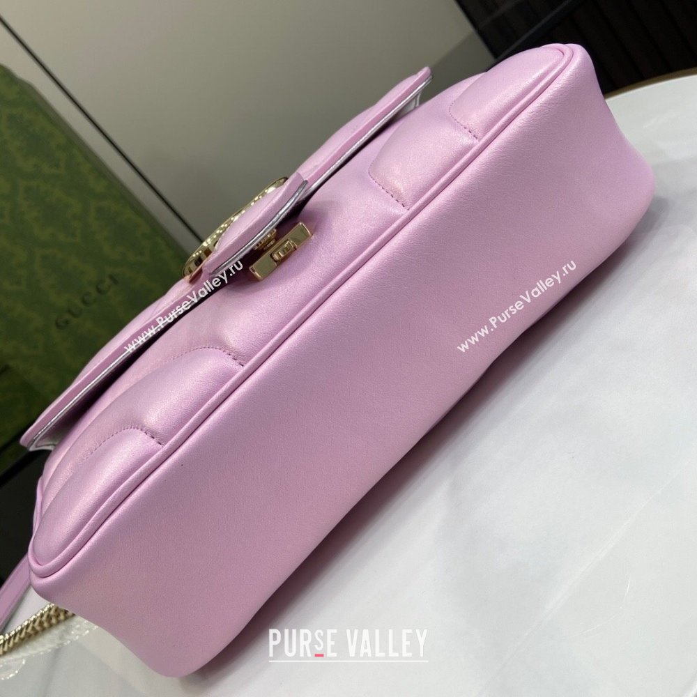 Gucci GG Marmont Small Shoulder Bag in Pink Iridescent Leather 443497 2024 (XINNGLU-24021939)