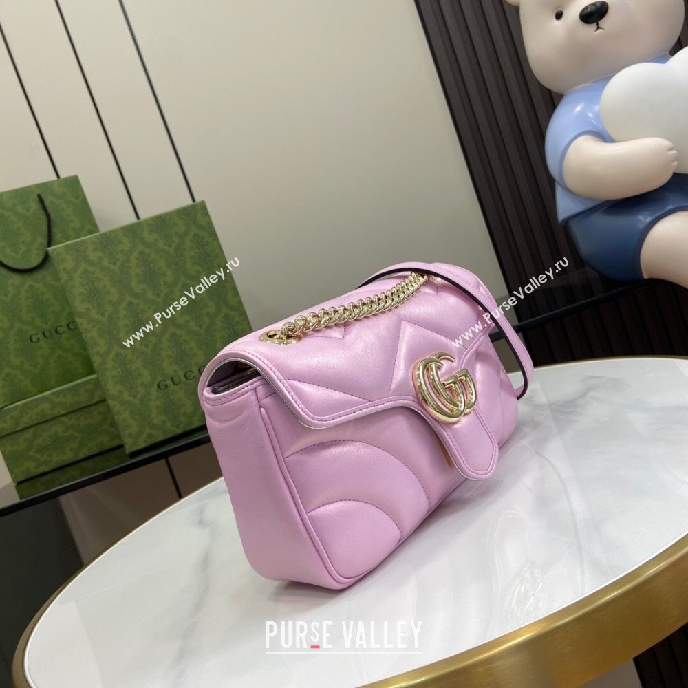 Gucci GG Marmont Small Shoulder Bag in Pink Iridescent Leather 443497 2024 (XINNGLU-24021939)