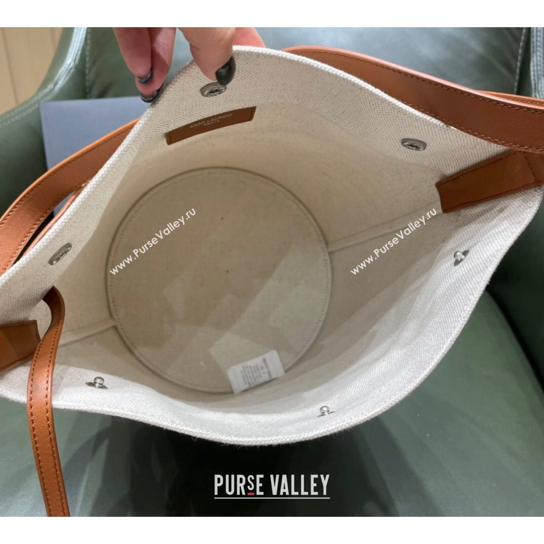 Saint Laurent Rive Gauche Bucket Bag in Linen 669299 Off-White/Brown 2021 Top (JUND-210823065)