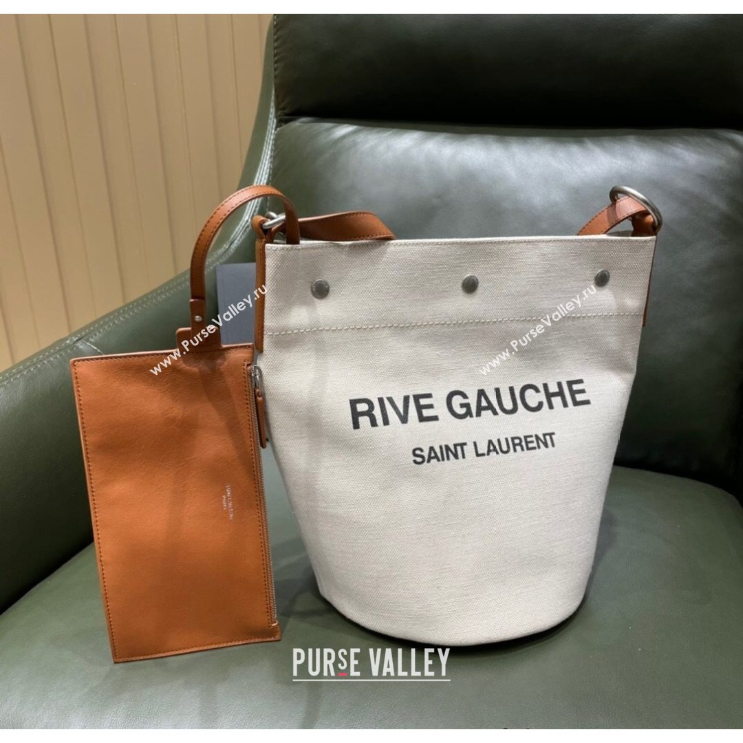 Saint Laurent Rive Gauche Bucket Bag in Linen 669299 Off-White/Brown 2021 Top (JUND-210823065)