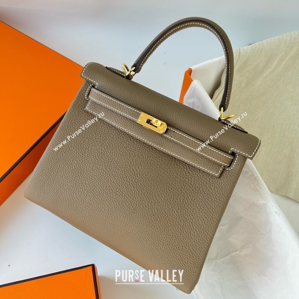 Hermes Kelly 25cm Bag in Original Togo Leather Etoupe/Gold 2023 (Pure Handmade) (Y-23110837)