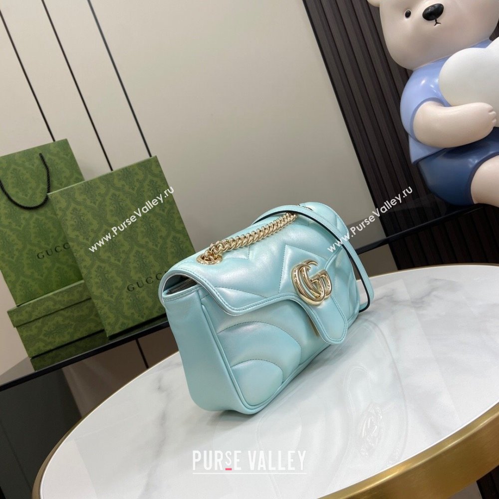 Gucci GG Marmont Small Shoulder Bag in Light Blue Iridescent Leather 443497 2024 (XINGLU-24021937)