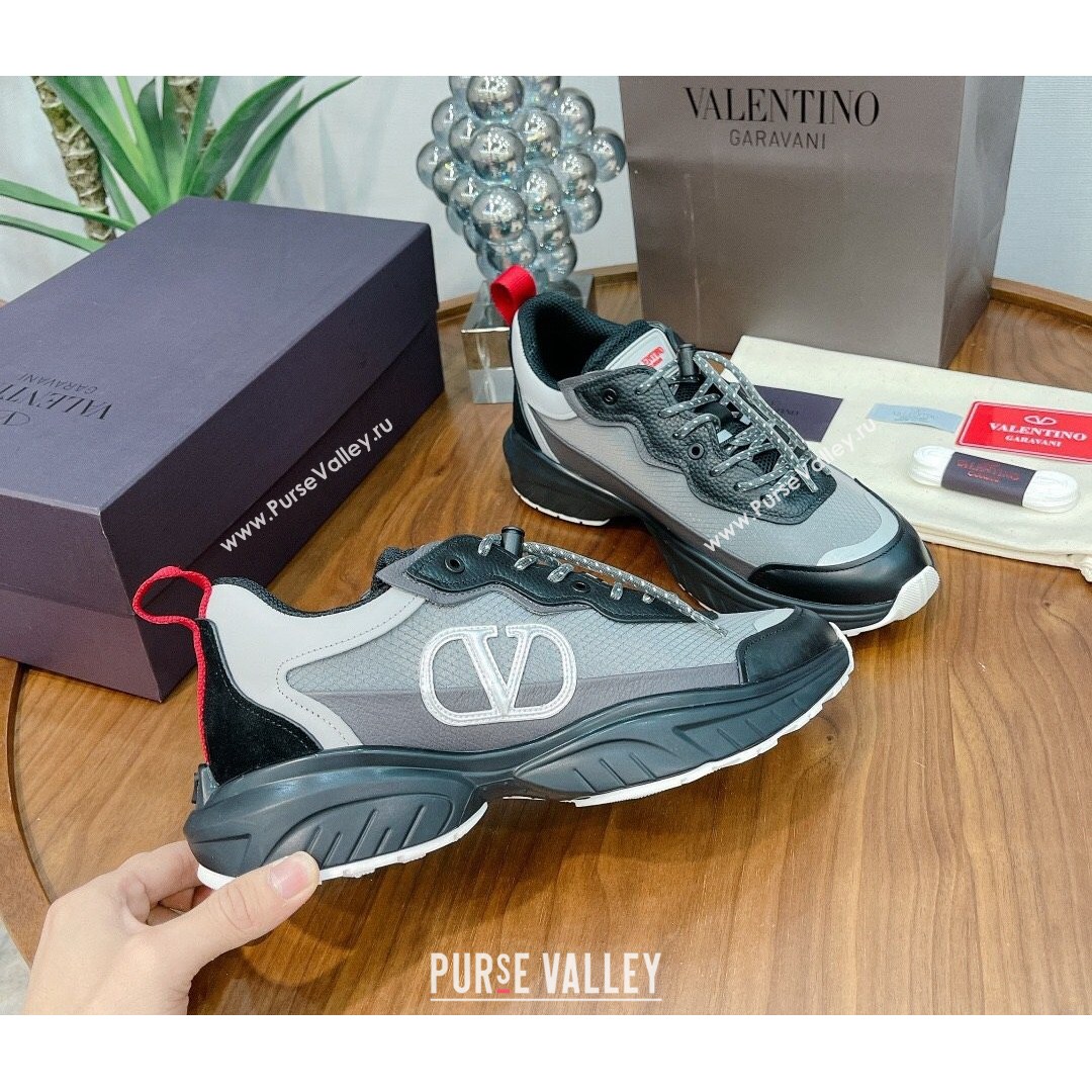 Valentino VLogo Sneakers in Mesh and Calfskin Patchwork Grey/Black (For Women and Men) (MD-21081140)