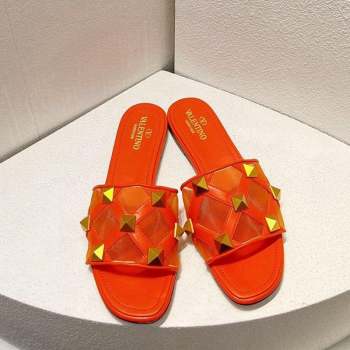 Valentino Roman Stud Flat Slide Sandals in Leather-Quilted Mesh Orange 2023 VT102703 (MD-231027074)