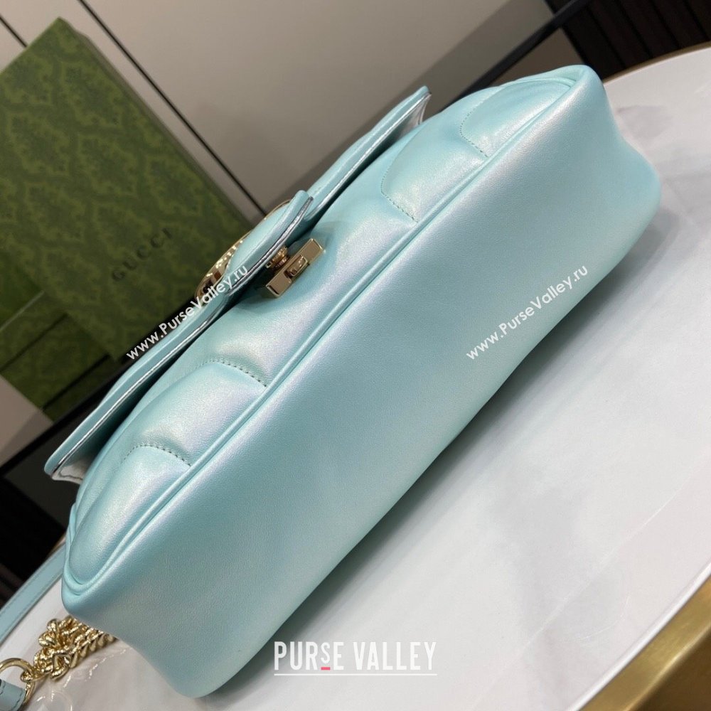 Gucci GG Marmont Small Shoulder Bag in Light Blue Iridescent Leather 443497 2024 (XINGLU-24021937)