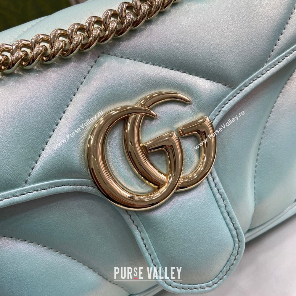 Gucci GG Marmont Small Shoulder Bag in Light Blue Iridescent Leather 443497 2024 (XINGLU-24021937)