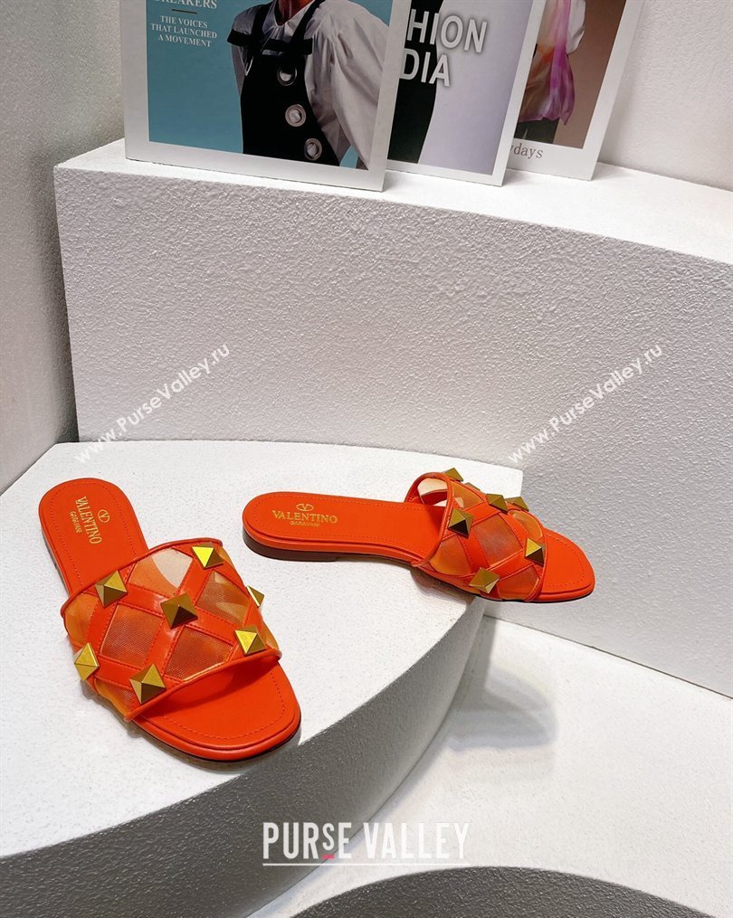 Valentino Roman Stud Flat Slide Sandals in Leather-Quilted Mesh Orange 2023 VT102703 (MD-231027074)