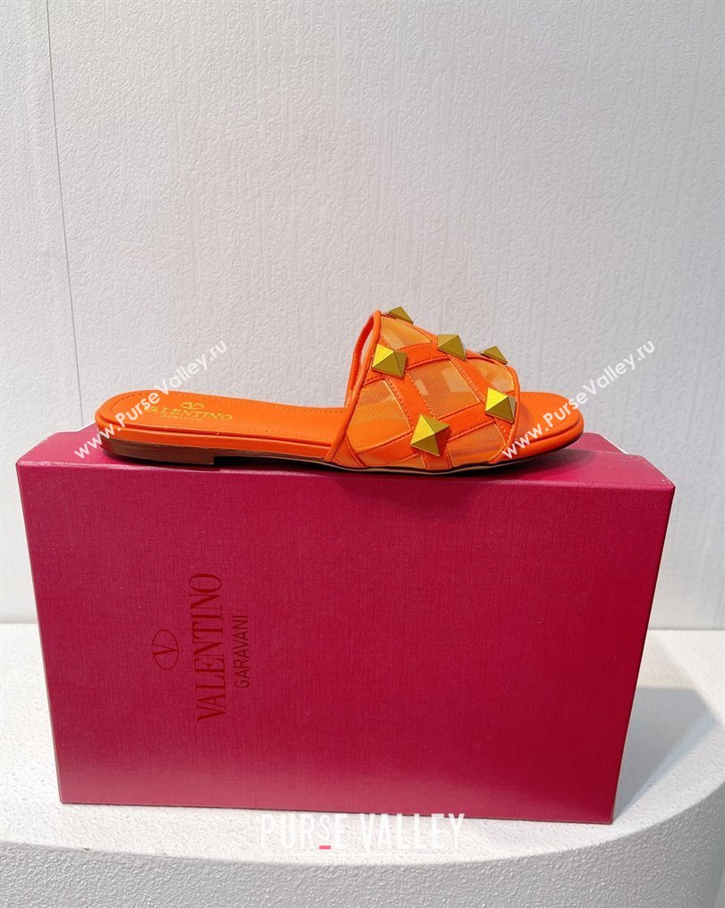 Valentino Roman Stud Flat Slide Sandals in Leather-Quilted Mesh Orange 2023 VT102703 (MD-231027074)