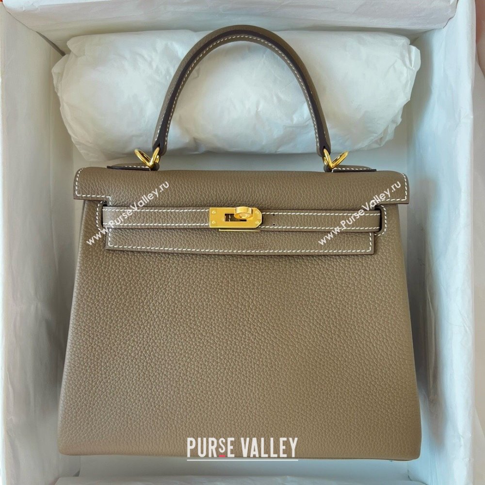 Hermes Kelly 25cm Bag in Original Togo Leather Etoupe/Gold 2023 (Pure Handmade) (Y-23110837)