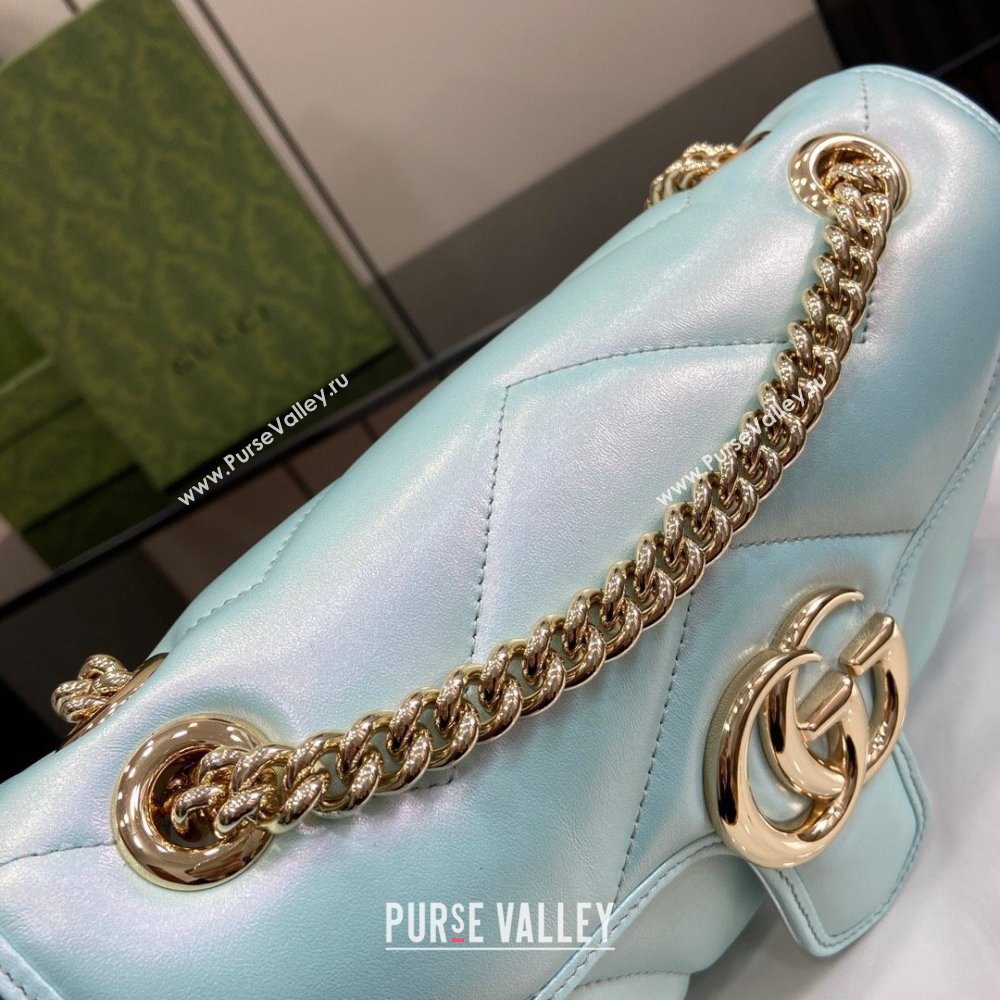 Gucci GG Marmont Small Shoulder Bag in Light Blue Iridescent Leather 443497 2024 (XINGLU-24021937)