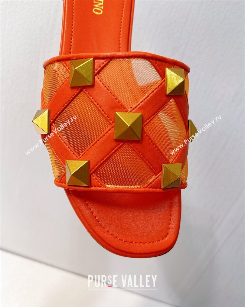 Valentino Roman Stud Flat Slide Sandals in Leather-Quilted Mesh Orange 2023 VT102703 (MD-231027074)