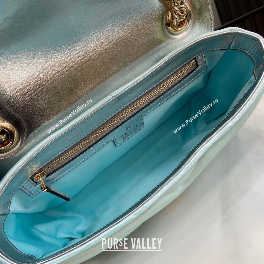 Gucci GG Marmont Small Shoulder Bag in Light Blue Iridescent Leather 443497 2024 (XINGLU-24021937)