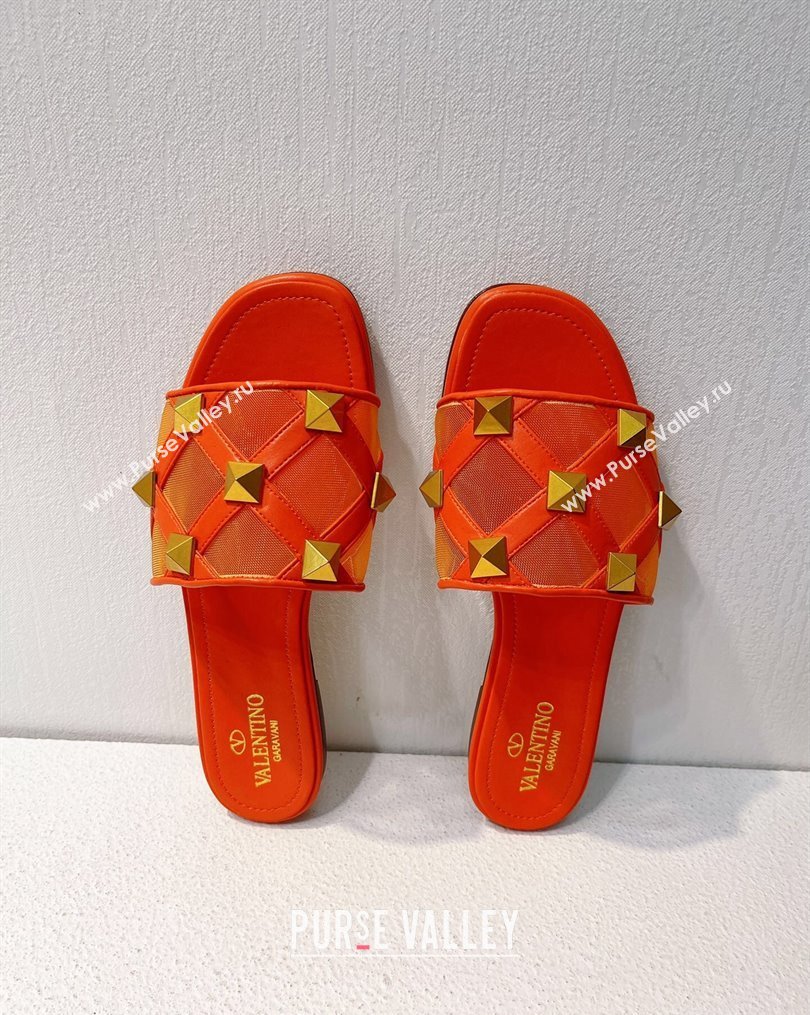 Valentino Roman Stud Flat Slide Sandals in Leather-Quilted Mesh Orange 2023 VT102703 (MD-231027074)