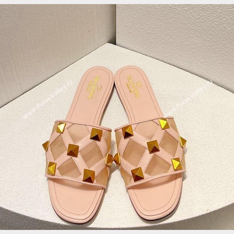 Valentino Roman Stud Flat Slide Sandals in Leather-Quilted Mesh Nude Pink 2023 VT102703 (MD-231027076)