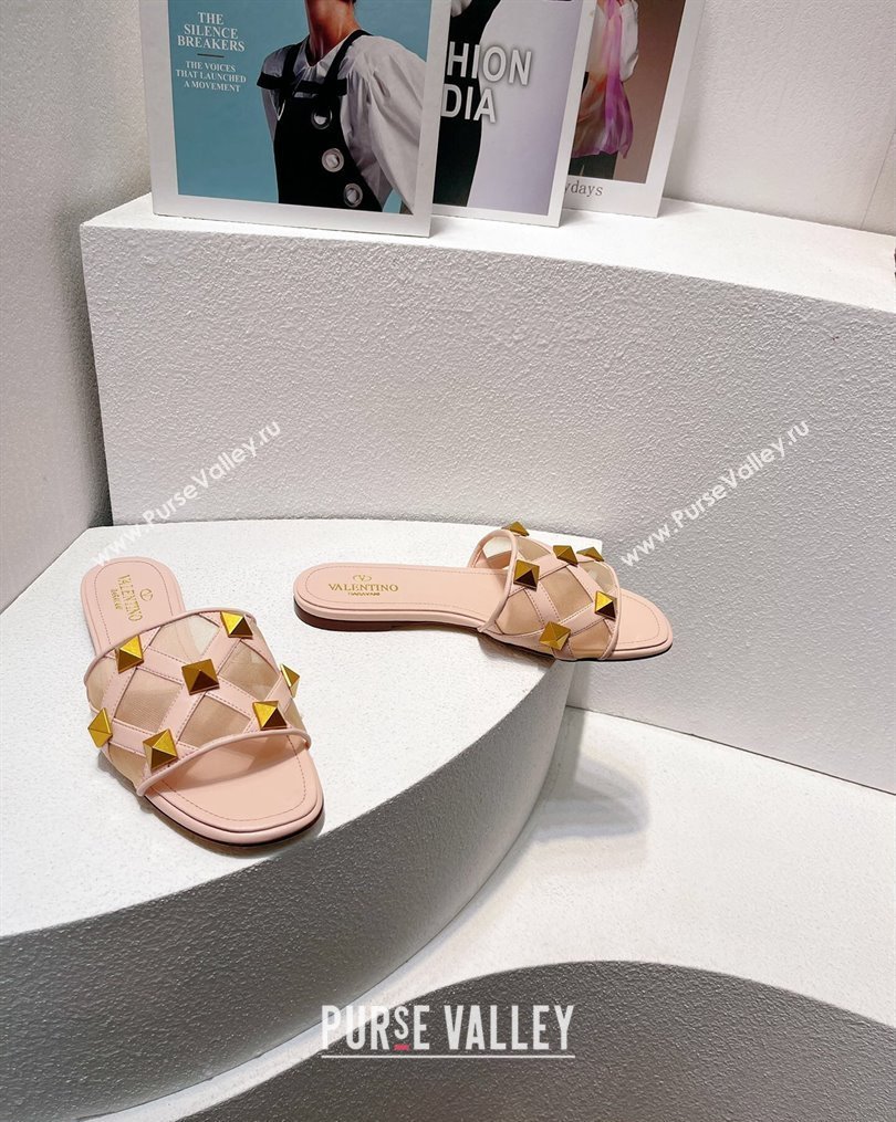 Valentino Roman Stud Flat Slide Sandals in Leather-Quilted Mesh Nude Pink 2023 VT102703 (MD-231027076)