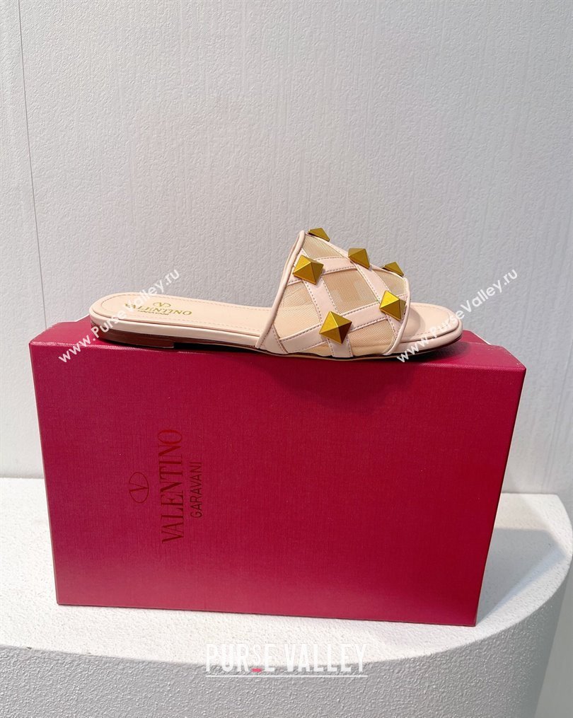 Valentino Roman Stud Flat Slide Sandals in Leather-Quilted Mesh Nude Pink 2023 VT102703 (MD-231027076)