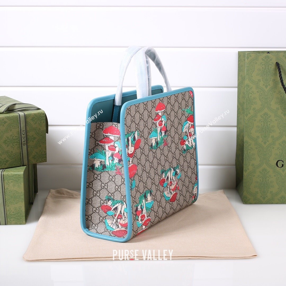 Gucci Childrens GG Mushroom Print Tote Bag 630542 Beige/Light Blue 2021 (DLH-21090244)