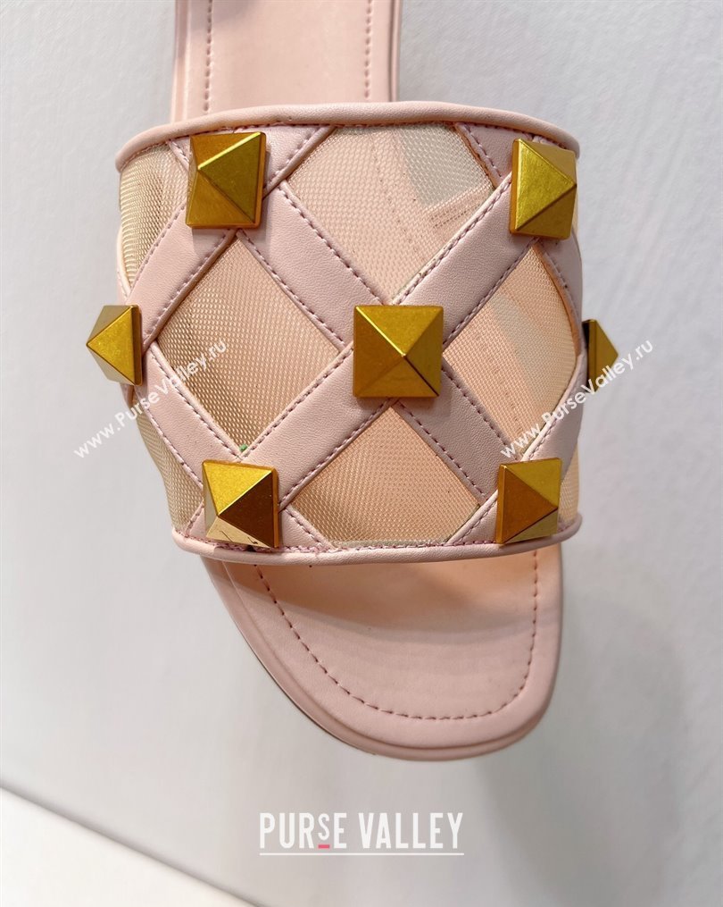 Valentino Roman Stud Flat Slide Sandals in Leather-Quilted Mesh Nude Pink 2023 VT102703 (MD-231027076)