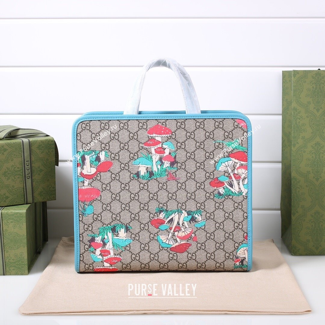 Gucci Childrens GG Mushroom Print Tote Bag 630542 Beige/Light Blue 2021 (DLH-21090244)