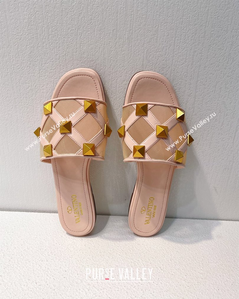 Valentino Roman Stud Flat Slide Sandals in Leather-Quilted Mesh Nude Pink 2023 VT102703 (MD-231027076)