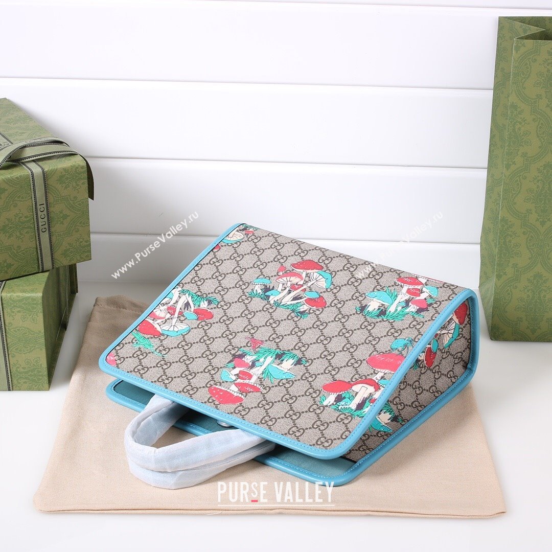 Gucci Childrens GG Mushroom Print Tote Bag 630542 Beige/Light Blue 2021 (DLH-21090244)